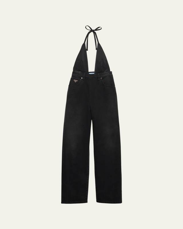 Halter Straight Leg Denim Jumpsuit